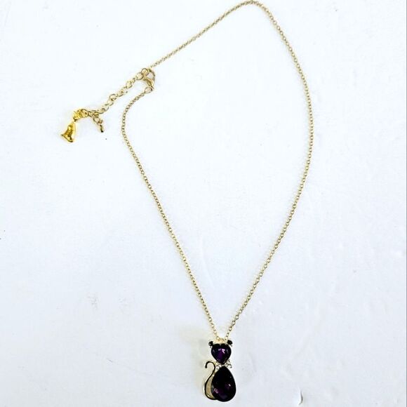 Rhinestone Kitten February Birthstone Purple Amethyst Gold Tone Charm Necklace - Picture 1 of 5